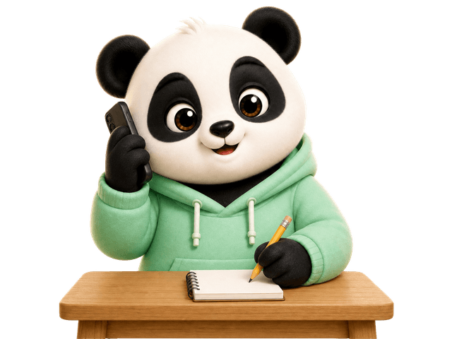 Bao le panda, téléphone en main, prêt à t’aider