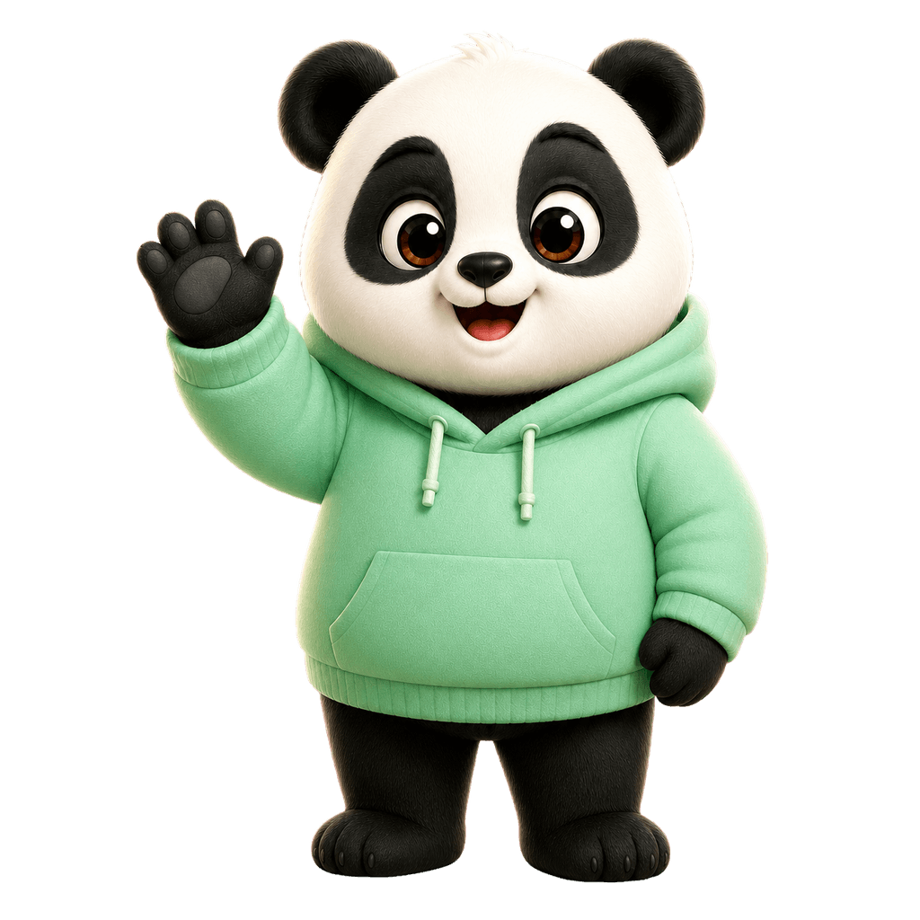 Bao, a smiling panda in a mint hoodie, waves beside small reminders about spending, goals, and travel.