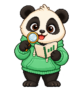 Pixel-Bao betrachtet mit Kassenbuch und Lupe eine Ausgabenübersicht